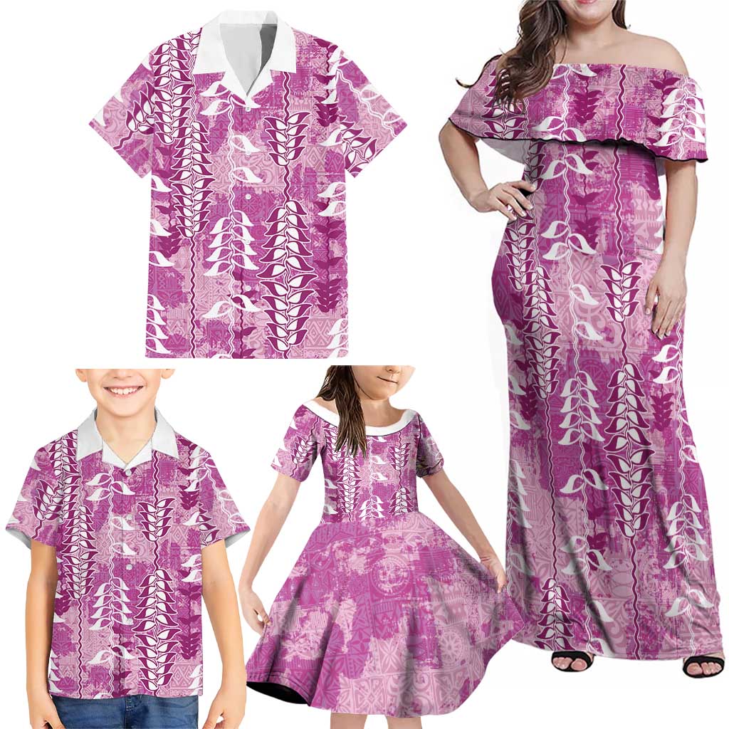 Magenta Hawaii Tapa Pattern Family Matching Off Shoulder Maxi Dress and Hawaiian Shirt With Heliconia Vintage Style