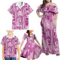 Magenta Hawaii Tapa Pattern Family Matching Off Shoulder Maxi Dress and Hawaiian Shirt With Heliconia Vintage Style