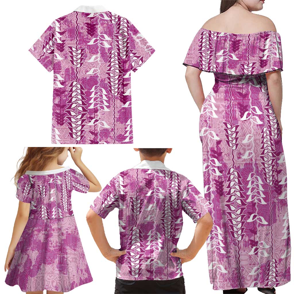 Magenta Hawaii Tapa Pattern Family Matching Off Shoulder Maxi Dress and Hawaiian Shirt With Heliconia Vintage Style