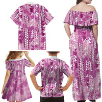 Magenta Hawaii Tapa Pattern Family Matching Off Shoulder Maxi Dress and Hawaiian Shirt With Heliconia Vintage Style