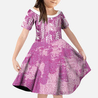 Magenta Hawaii Tapa Pattern Family Matching Off Shoulder Short Dress and Hawaiian Shirt With Heliconia Vintage Style LT05 Daughter's Dress Magenta - Polynesian Pride