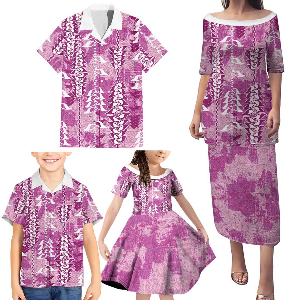 Magenta Hawaii Tapa Pattern Family Matching Puletasi and Hawaiian Shirt With Heliconia Vintage Style LT05 - Polynesian Pride