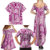 Magenta Hawaii Tapa Pattern Family Matching Summer Maxi Dress and Hawaiian Shirt With Heliconia Vintage Style
