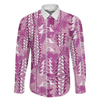 Magenta Hawaii Tapa Pattern Family Matching Summer Maxi Dress and Hawaiian Shirt With Heliconia Vintage Style