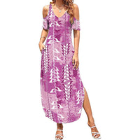 Magenta Hawaii Tapa Pattern Family Matching Summer Maxi Dress and Hawaiian Shirt With Heliconia Vintage Style