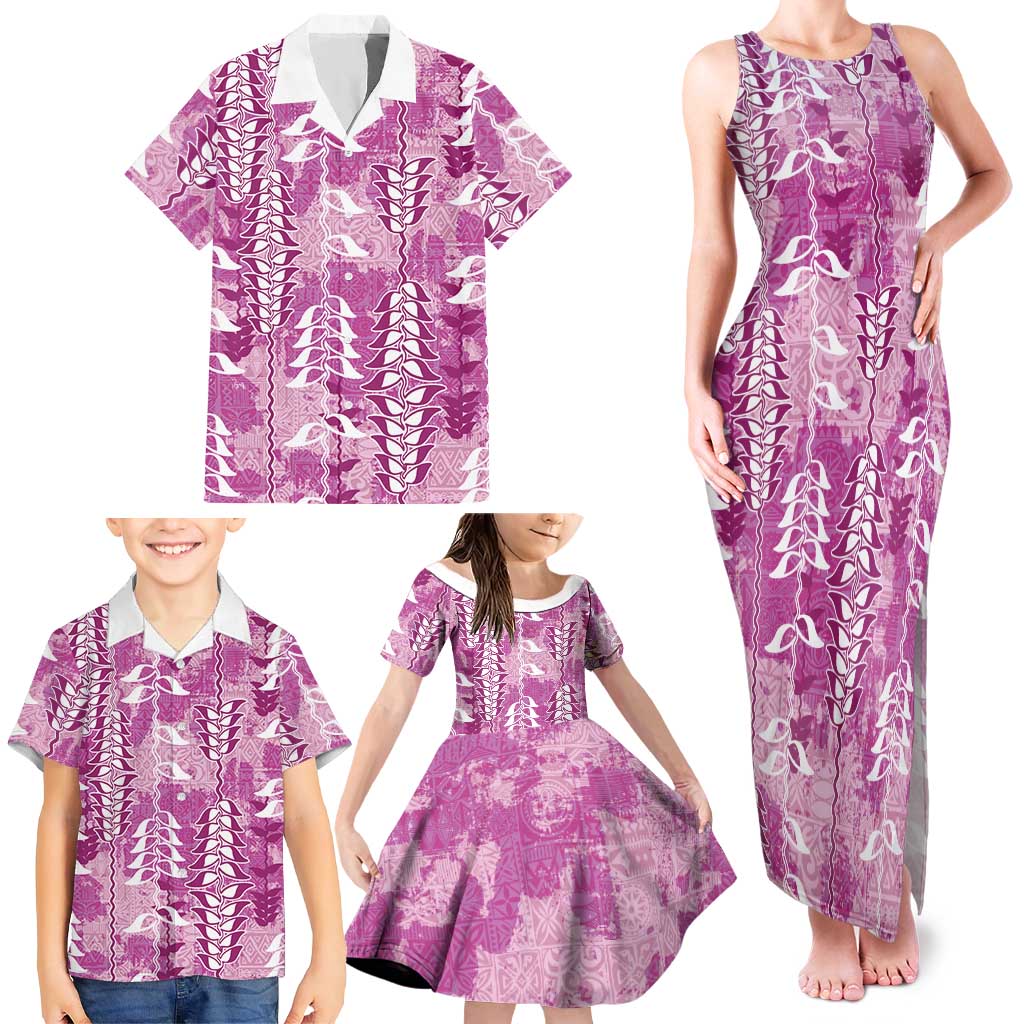 Magenta Hawaii Tapa Pattern Family Matching Tank Maxi Dress and Hawaiian Shirt With Heliconia Vintage Style