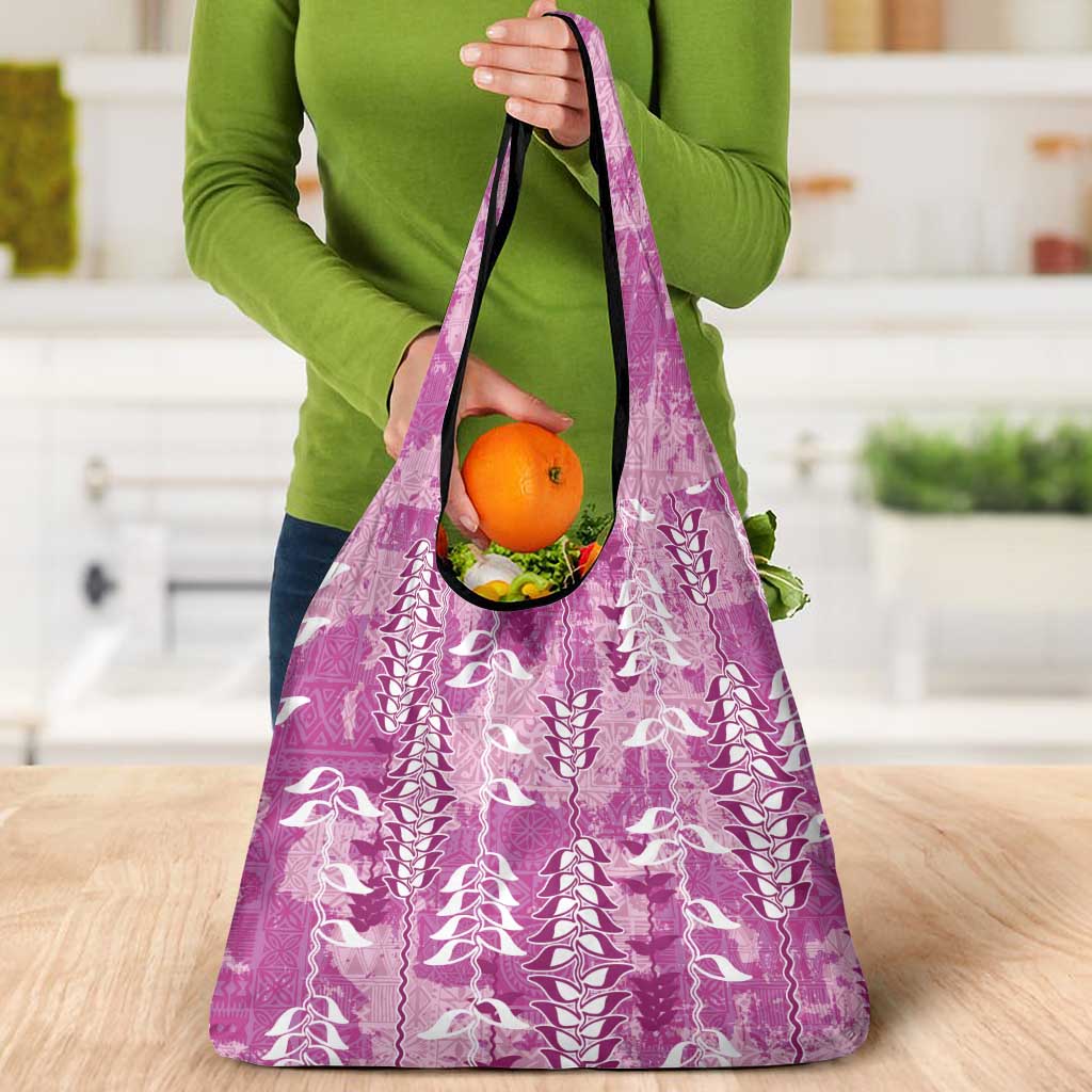 Magenta Hawaii Tapa Pattern Grocery Bag With Heliconia Vintage Style