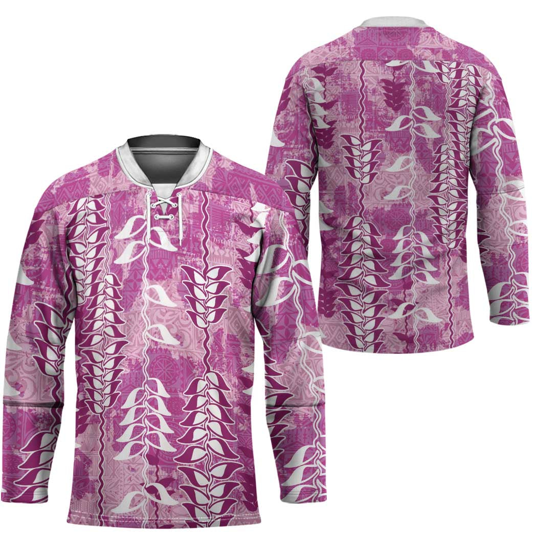 Magenta Hawaii Tapa Pattern Hockey Jersey With Heliconia Vintage Style