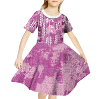 Magenta Hawaii Tapa Pattern Kid Short Sleeve Dress With Heliconia Vintage Style