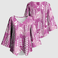 Magenta Hawaii Tapa Pattern Kimono Sleeve Blouse With Heliconia Vintage Style