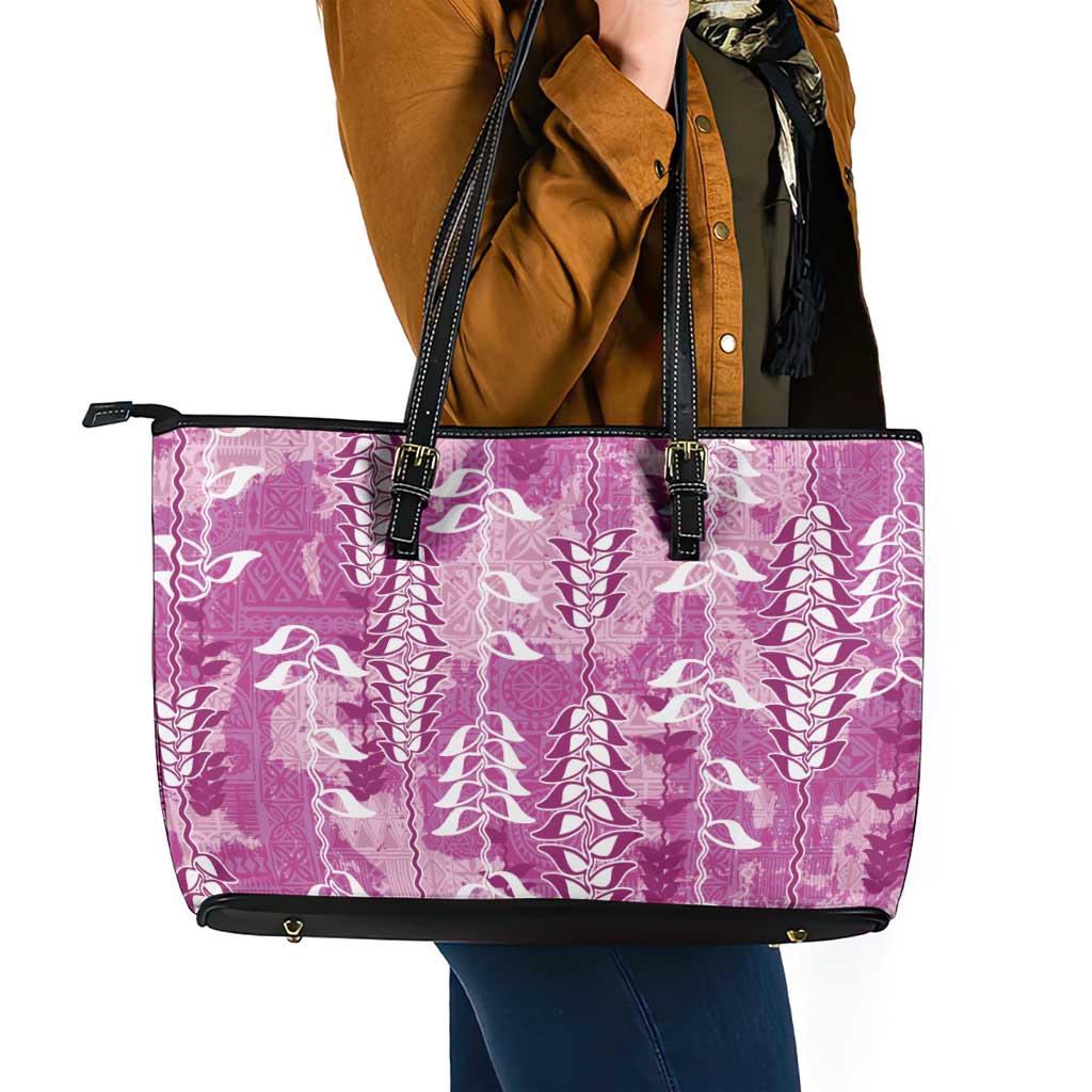 Magenta Hawaii Tapa Pattern Leather Tote Bag With Heliconia Vintage Style