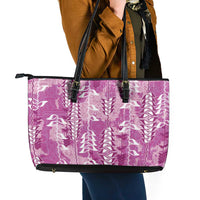 Magenta Hawaii Tapa Pattern Leather Tote Bag With Heliconia Vintage Style