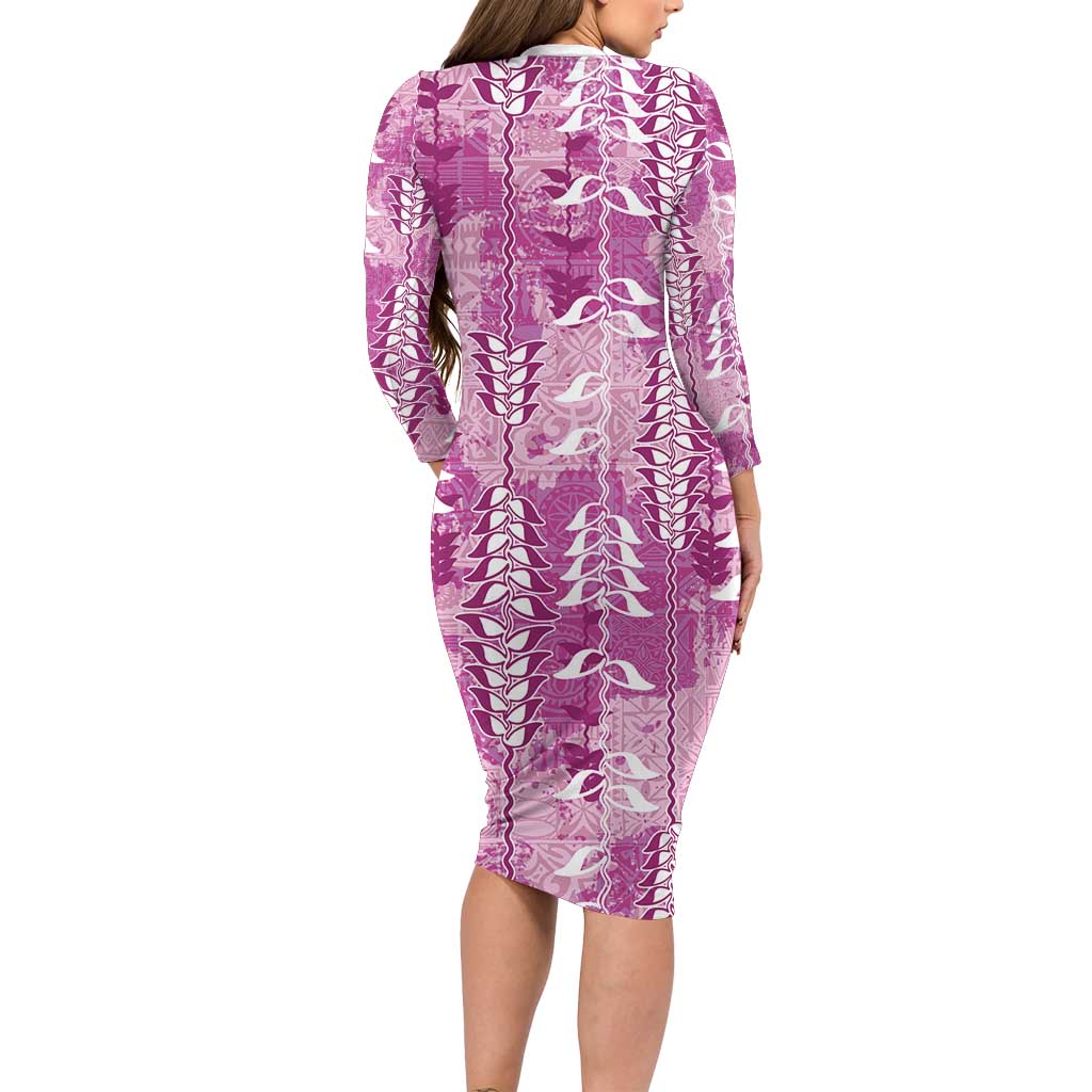 Magenta Hawaii Tapa Pattern Long Sleeve Bodycon Dress With Heliconia Vintage Style