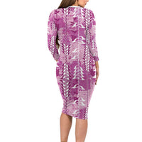 Magenta Hawaii Tapa Pattern Long Sleeve Bodycon Dress With Heliconia Vintage Style