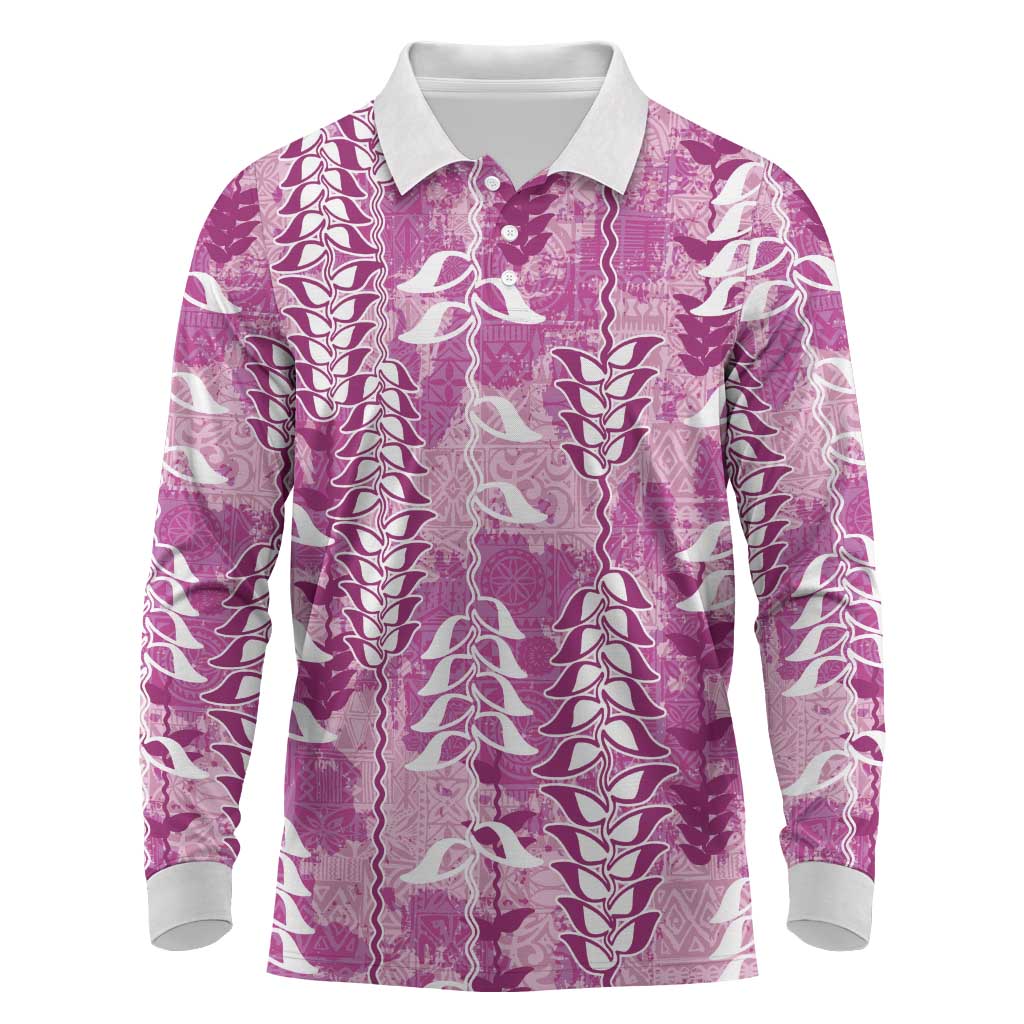 Magenta Hawaii Tapa Pattern Long Sleeve Polo Shirt With Heliconia Vintage Style