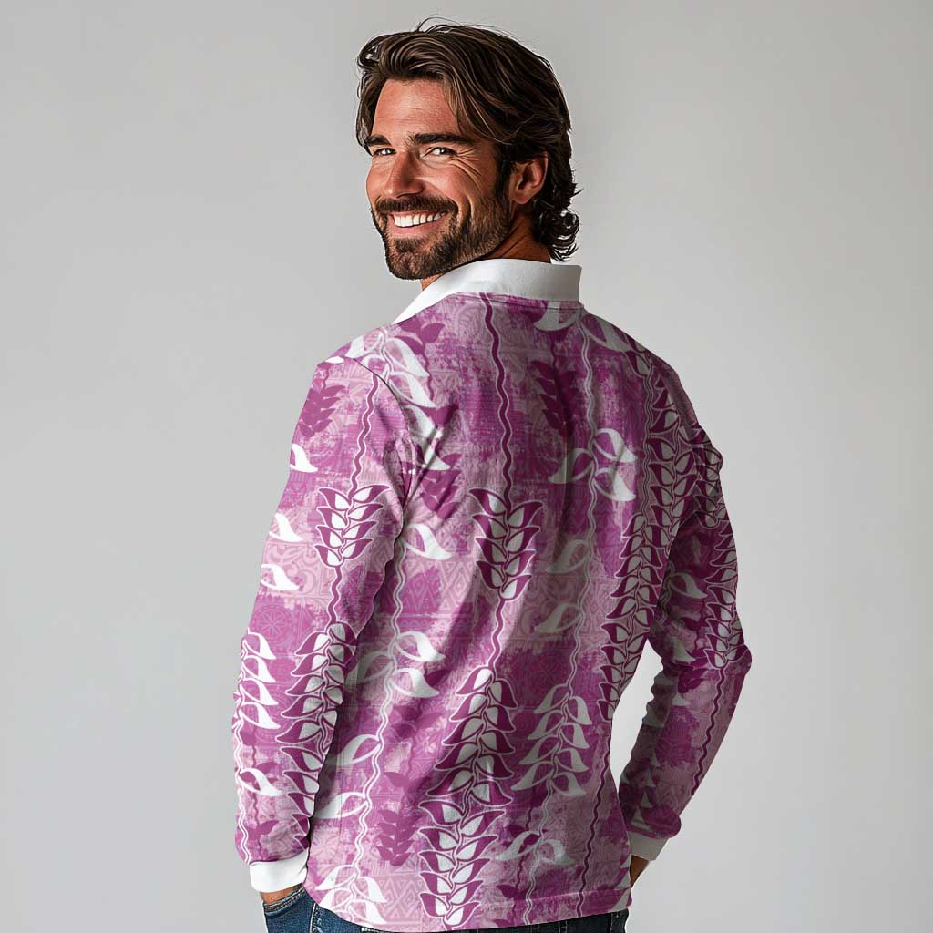 Magenta Hawaii Tapa Pattern Long Sleeve Polo Shirt With Heliconia Vintage Style