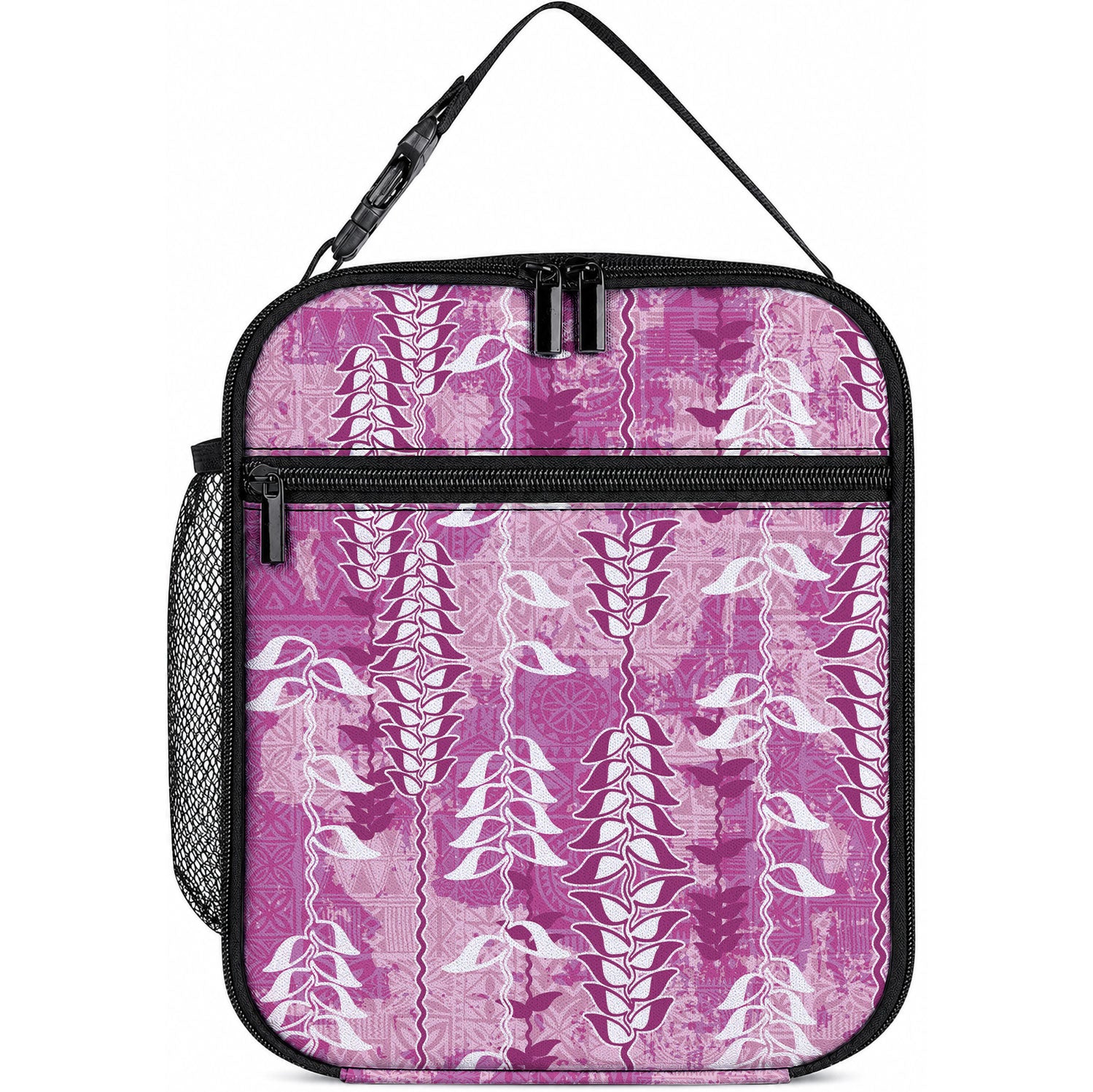 Magenta Hawaii Tapa Pattern Lunch Bag With Heliconia Vintage Style LT05 10.2 × 8.3 × 4.3 inch Magenta - Polynesian Pride