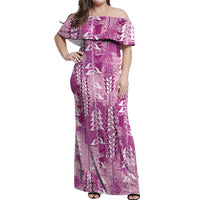 Magenta Hawaii Tapa Pattern Off Shoulder Maxi Dress With Heliconia Vintage Style