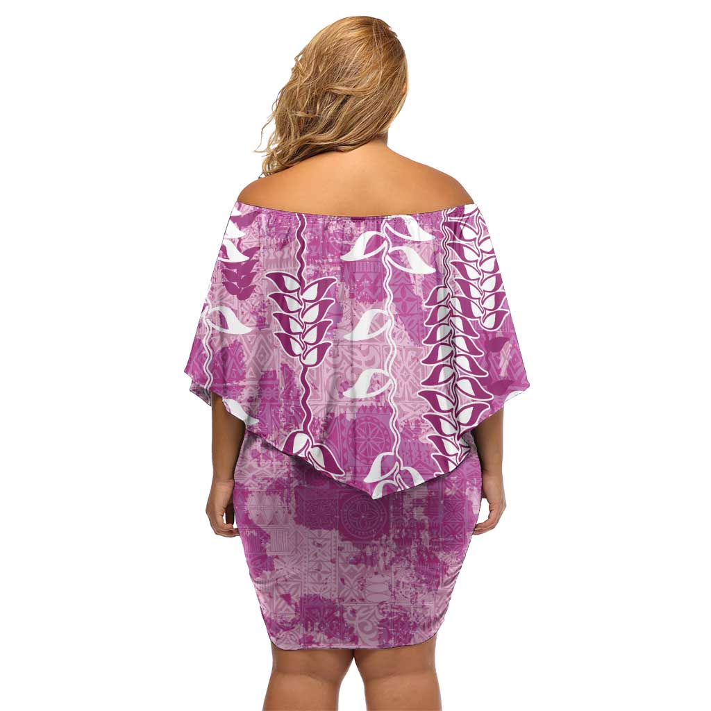 Magenta Hawaii Tapa Pattern Off Shoulder Short Dress With Heliconia Vintage Style
