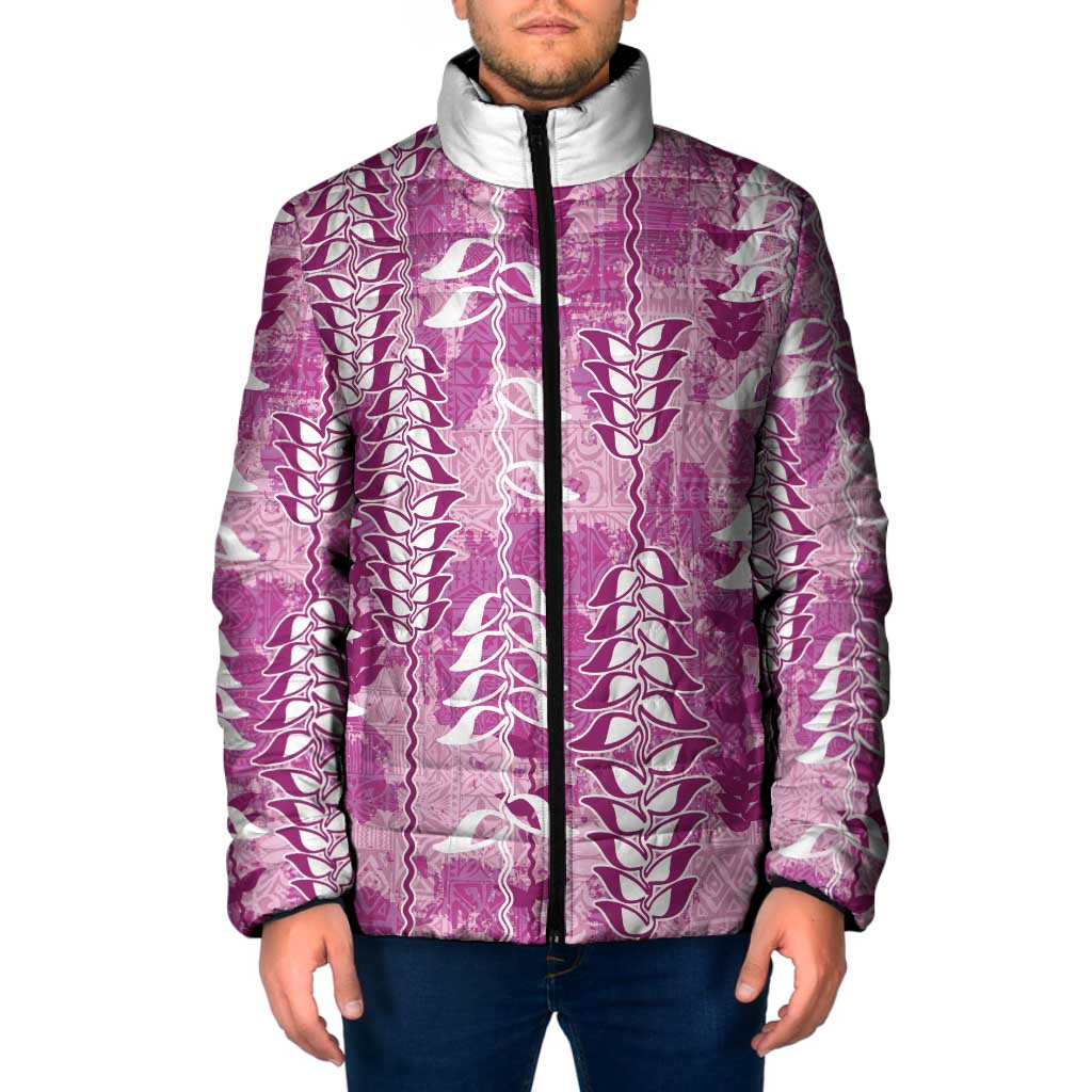 Magenta Hawaii Tapa Pattern Padded Jacket With Heliconia Vintage Style