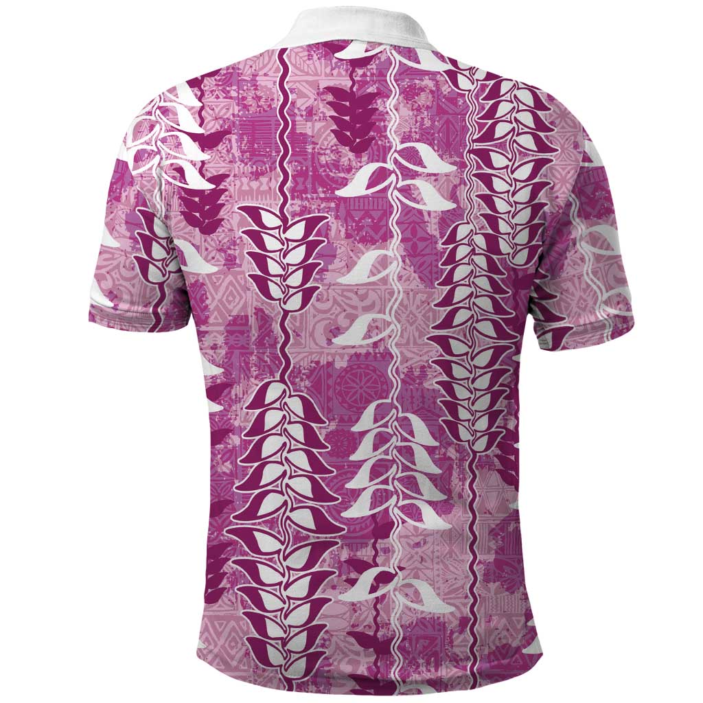 Magenta Hawaii Tapa Pattern Polo Shirt With Heliconia Vintage Style