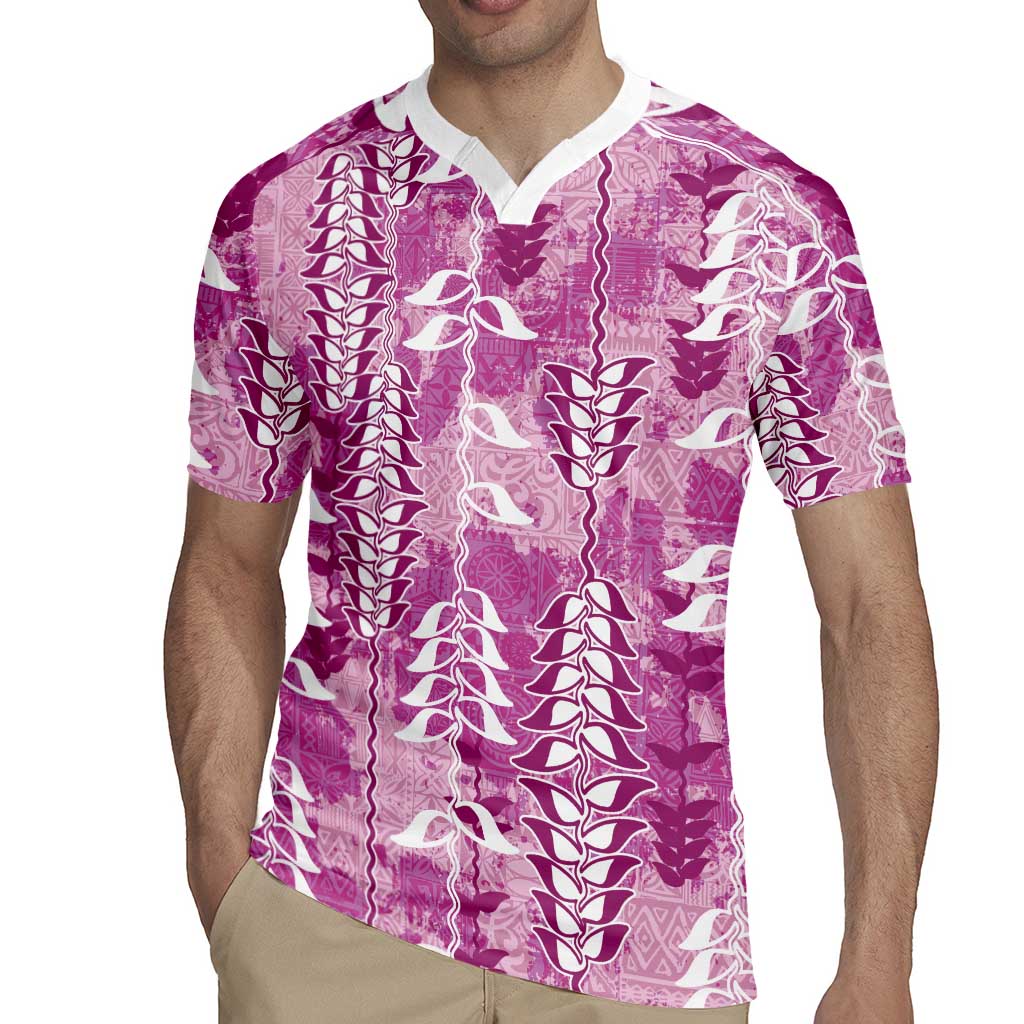 Magenta Hawaii Tapa Pattern Rugby Jersey With Heliconia Vintage Style