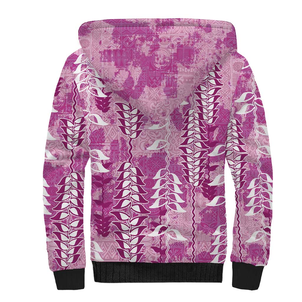 Magenta Hawaii Tapa Pattern Sherpa Hoodie With Heliconia Vintage Style