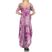 Magenta Hawaii Tapa Pattern Summer Maxi Dress With Heliconia Vintage Style