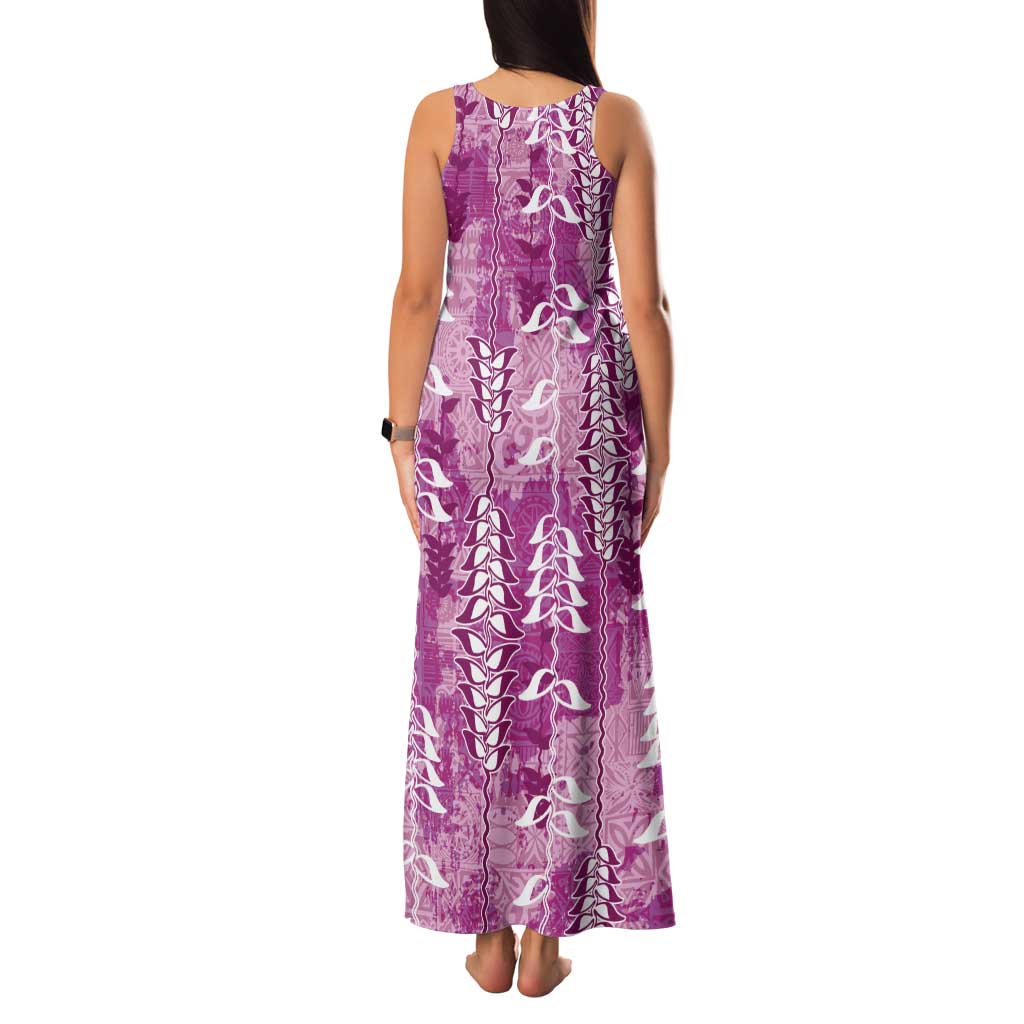 Magenta Hawaii Tapa Pattern Tank Maxi Dress With Heliconia Vintage Style