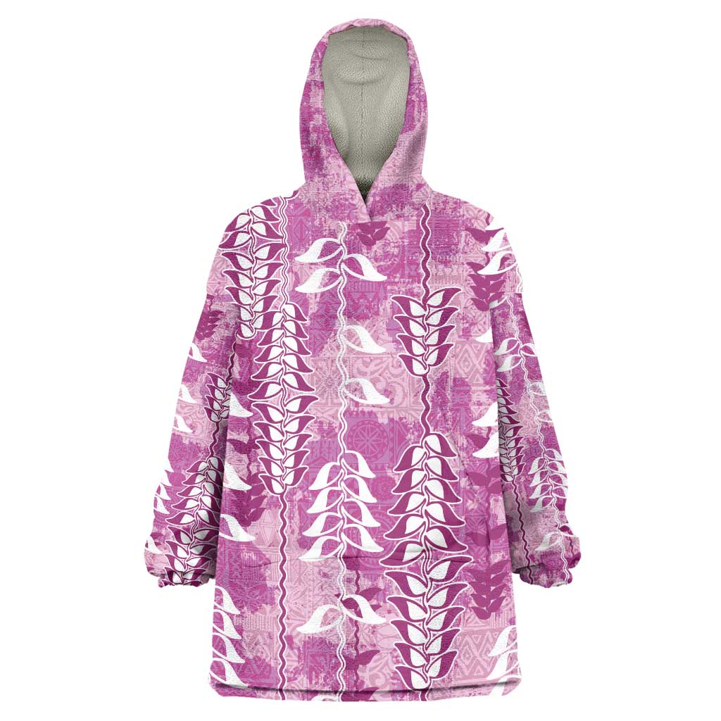 Magenta Hawaii Tapa Pattern Wearable Blanket Hoodie With Heliconia Vintage Style