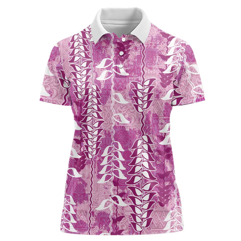 Magenta Hawaii Tapa Pattern Women Polo Shirt With Heliconia Vintage Style