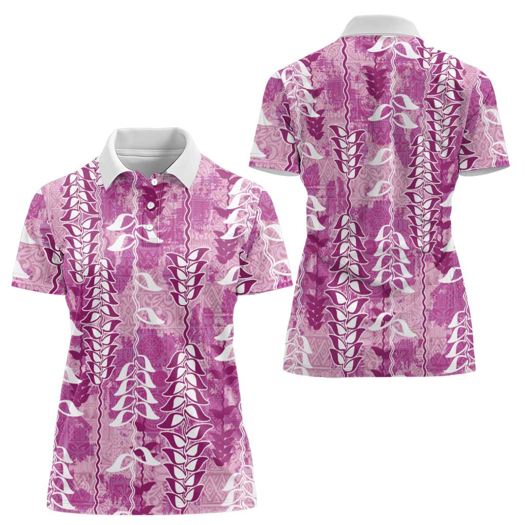 Magenta Hawaii Tapa Pattern Women Polo Shirt With Heliconia Vintage Style