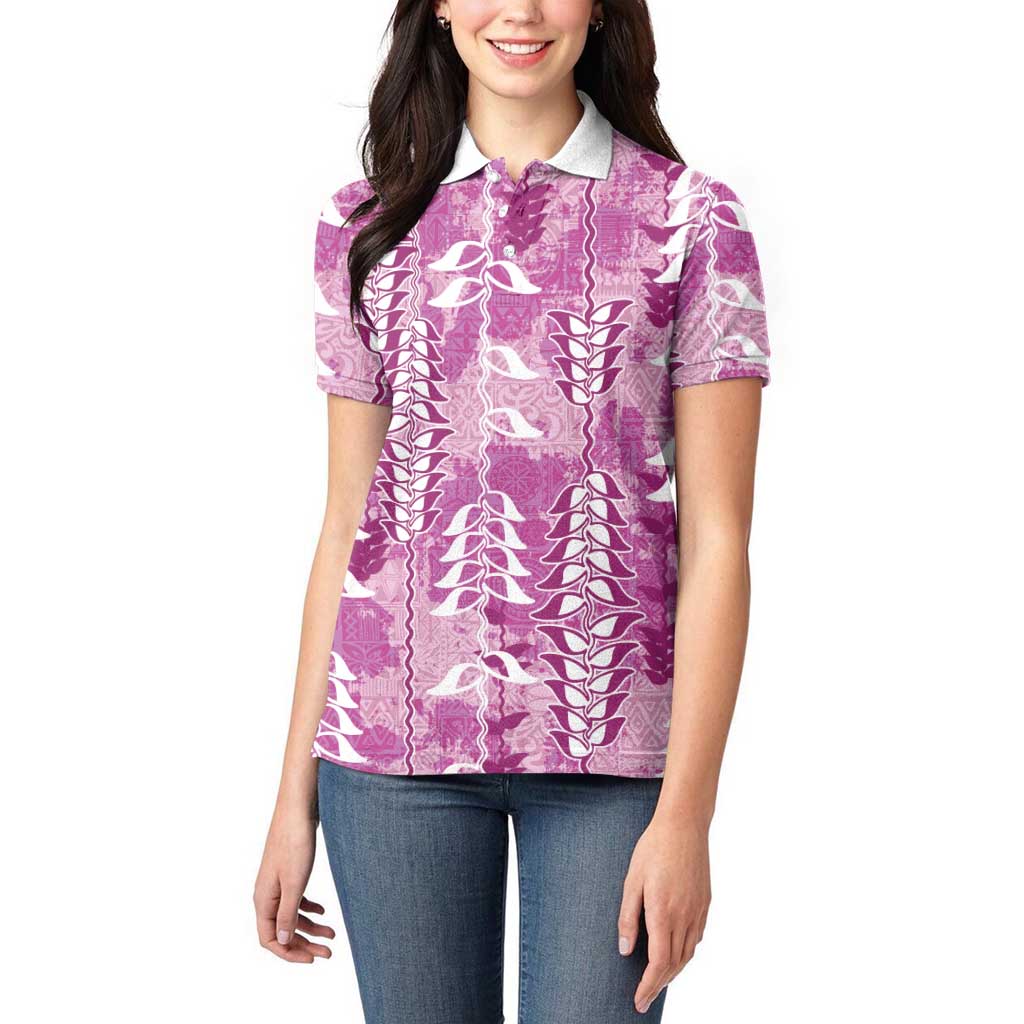 Magenta Hawaii Tapa Pattern Women Polo Shirt With Heliconia Vintage Style