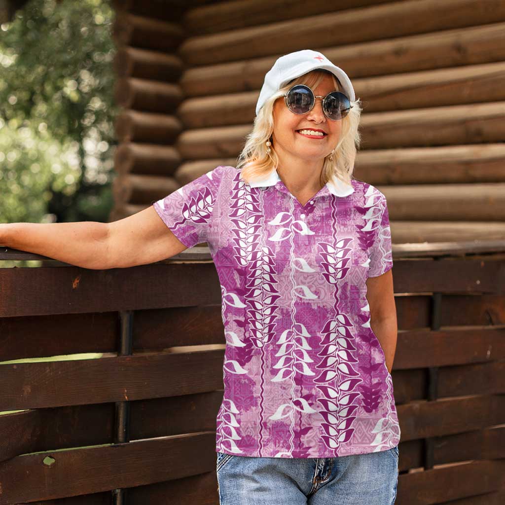 Magenta Hawaii Tapa Pattern Women Polo Shirt With Heliconia Vintage Style