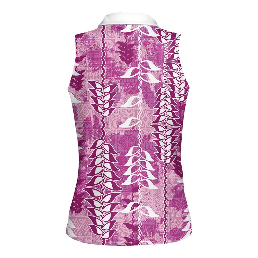 Magenta Hawaii Tapa Pattern Women Sleeveless Polo Shirt With Heliconia Vintage Style