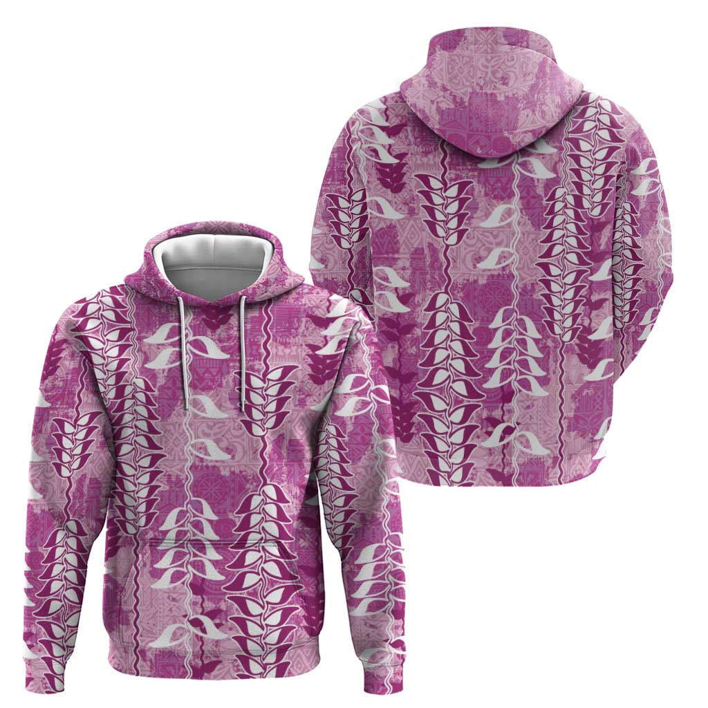 Magenta Hawaii Tapa Pattern Zip Hoodie With Heliconia Vintage Style