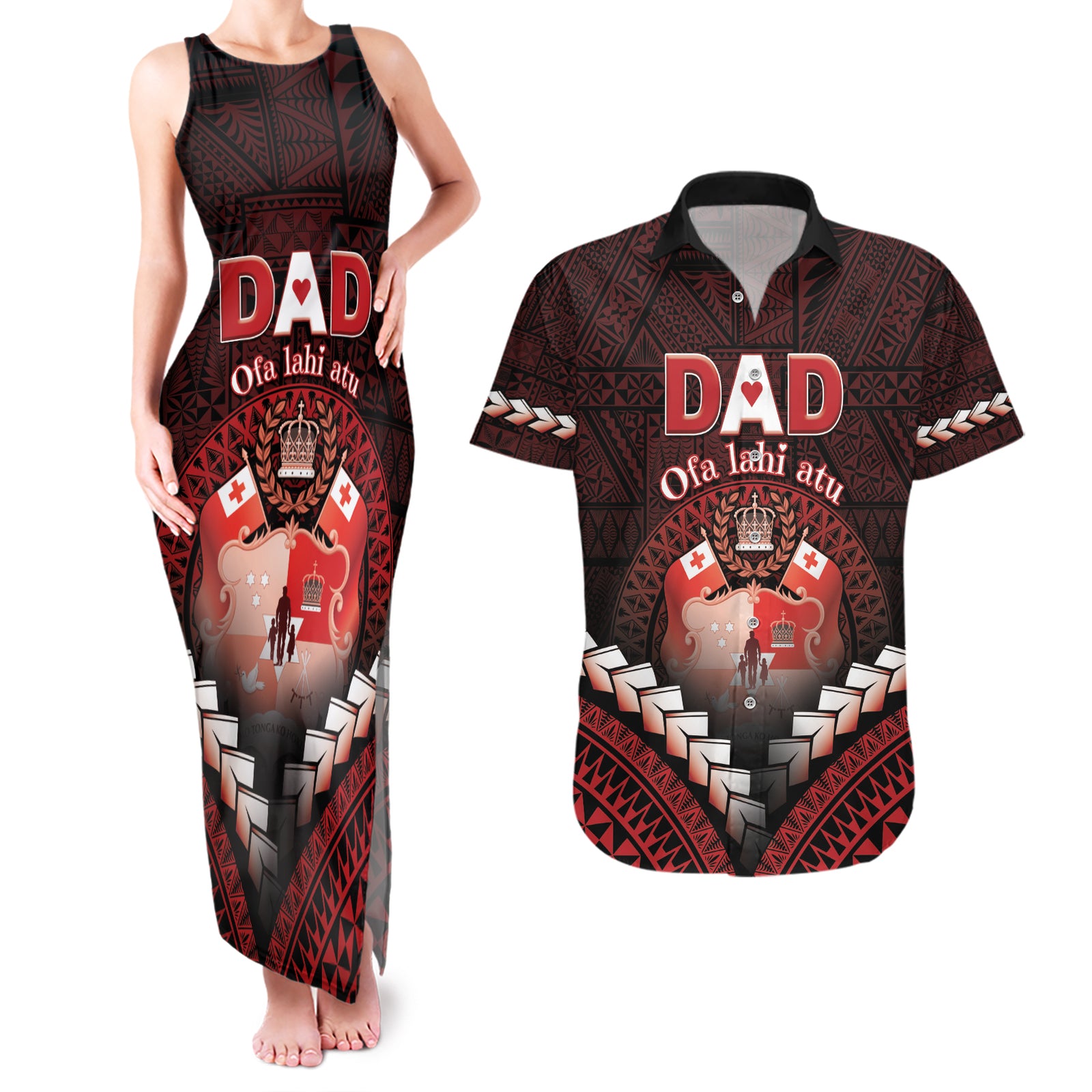 Personalised Tonga Happy Father's Day Couples Matching Tank Maxi Dress and Hawaiian Shirt Ofa Lahi Atu Dad Polynesian Tribal
