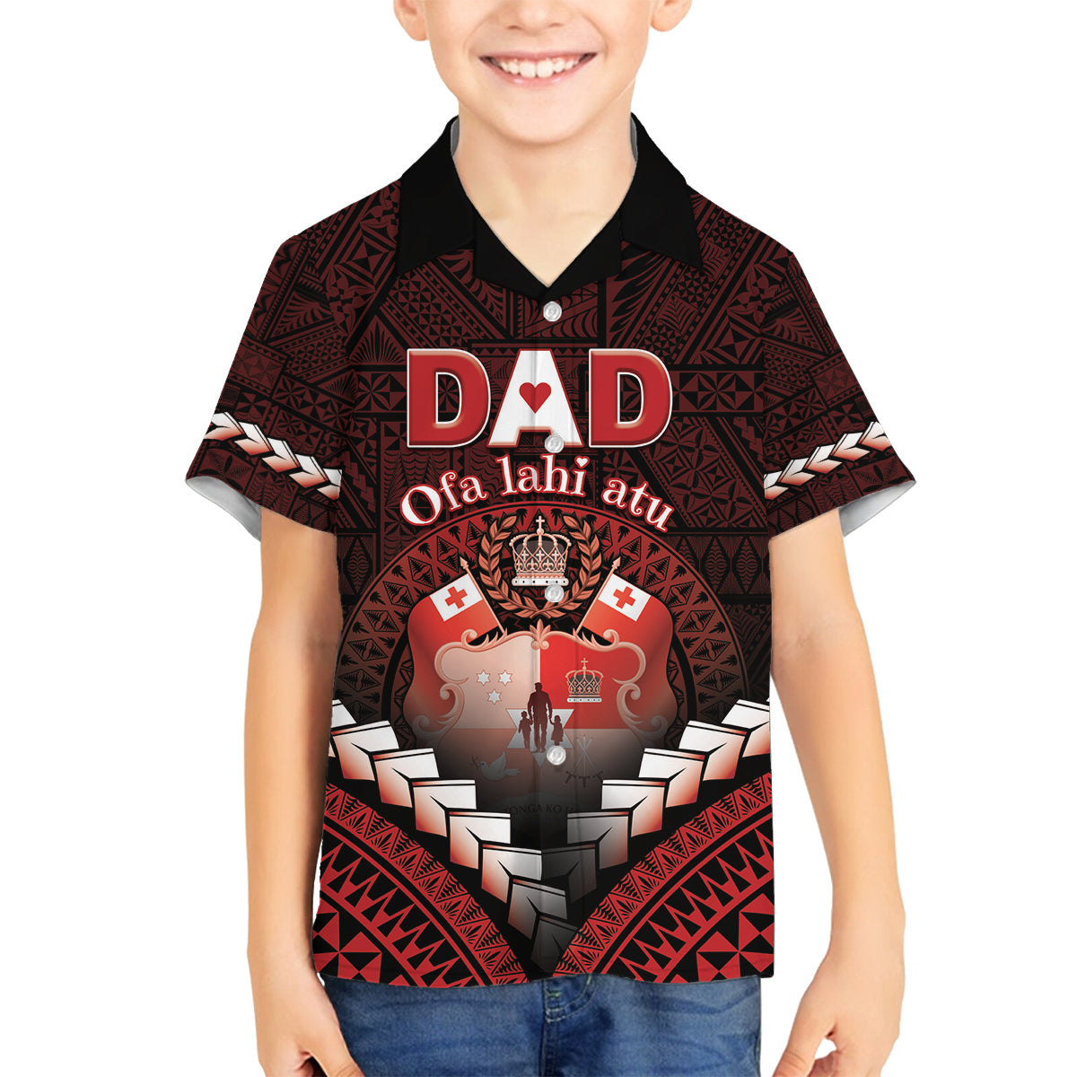 Personalised Tonga Happy Father's Day Family Matching Long Sleeve Bodycon Dress and Hawaiian Shirt Ofa Lahi Atu Dad Polynesian Tribal LT05 Son's Shirt Red - Polynesian Pride