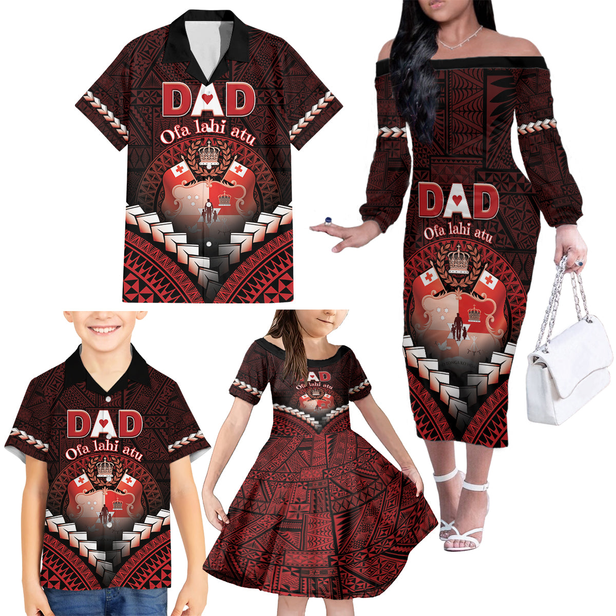 Personalised Tonga Happy Father's Day Family Matching Off The Shoulder Long Sleeve Dress and Hawaiian Shirt Ofa Lahi Atu Dad Polynesian Tribal LT05 - Polynesian Pride