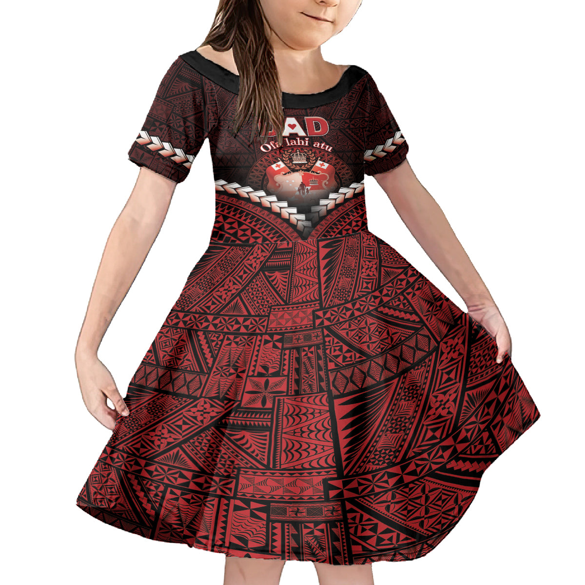 Personalised Tonga Happy Father's Day Family Matching Off Shoulder Short Dress and Hawaiian Shirt Ofa Lahi Atu Dad Polynesian Tribal LT05 Daughter's Dress Red - Polynesian Pride