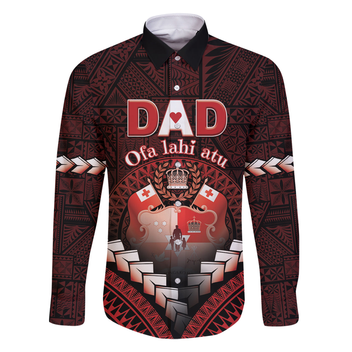 Personalised Tonga Happy Father's Day Family Matching Off Shoulder Short Dress and Hawaiian Shirt Ofa Lahi Atu Dad Polynesian Tribal LT05 Dad's Shirt - Long Sleeve Red - Polynesian Pride