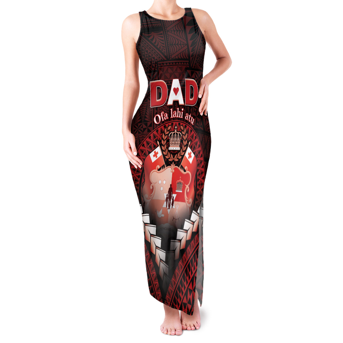 Personalised Tonga Happy Father's Day Family Matching Tank Maxi Dress and Hawaiian Shirt Ofa Lahi Atu Dad Polynesian Tribal LT05 Mom's Dress Red - Polynesian Pride