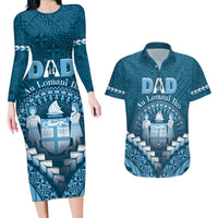Personalised Fiji Happy Father's Day Couples Matching Long Sleeve Bodycon Dress and Hawaiian Shirt Au Lomani Iko Dad Polynesian Tribal LT05 Blue - Polynesian Pride