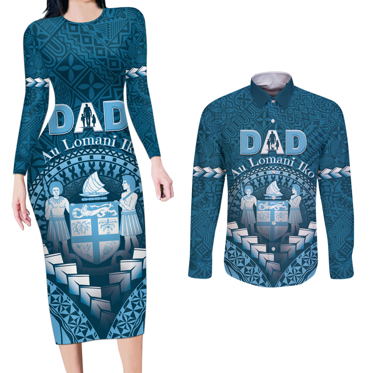 Personalised Fiji Happy Father's Day Couples Matching Long Sleeve Bodycon Dress and Long Sleeve Button Shirt Au Lomani Iko Dad Polynesian Tribal LT05 Blue - Polynesian Pride