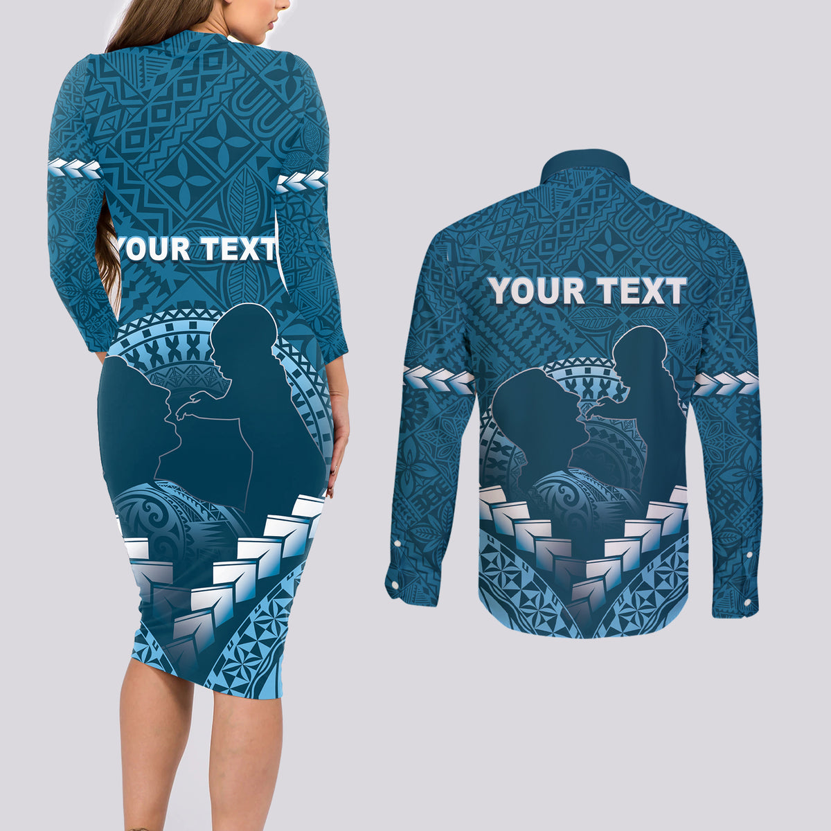Personalised Fiji Happy Father's Day Couples Matching Long Sleeve Bodycon Dress and Long Sleeve Button Shirt Au Lomani Iko Dad Polynesian Tribal LT05 - Polynesian Pride