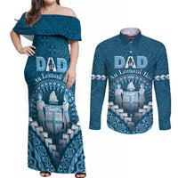 Personalised Fiji Happy Father's Day Couples Matching Off Shoulder Maxi Dress and Long Sleeve Button Shirt Au Lomani Iko Dad Polynesian Tribal LT05 Blue - Polynesian Pride