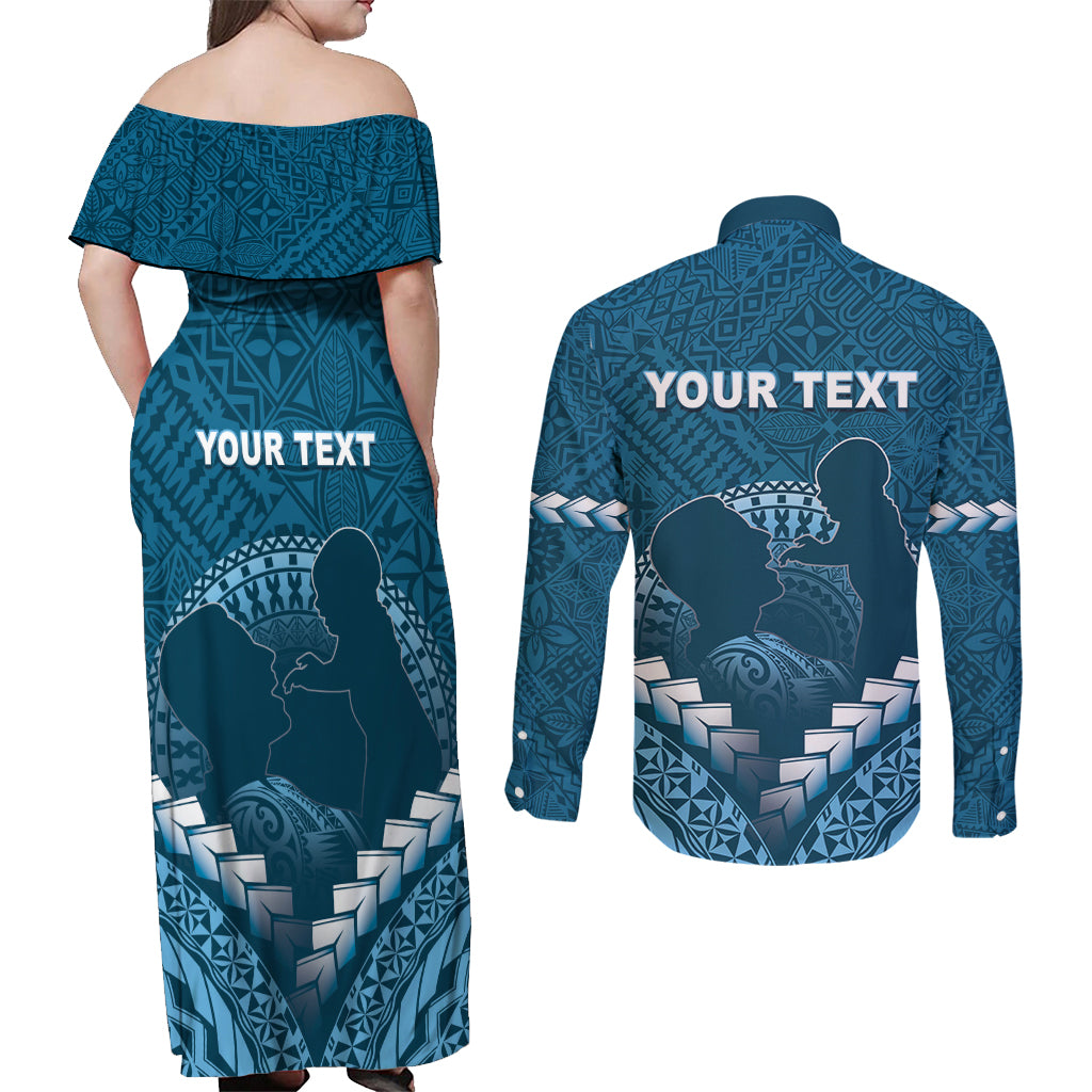 Personalised Fiji Happy Father's Day Couples Matching Off Shoulder Maxi Dress and Long Sleeve Button Shirt Au Lomani Iko Dad Polynesian Tribal LT05 - Polynesian Pride
