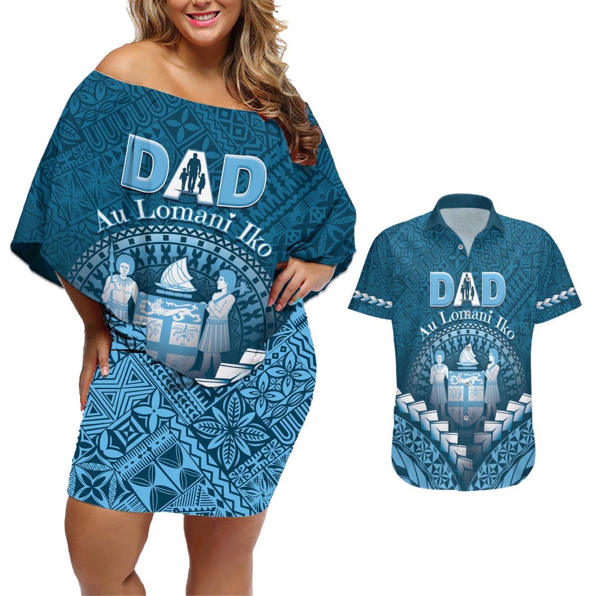 Personalised Fiji Happy Father's Day Couples Matching Off Shoulder Short Dress and Hawaiian Shirt Au Lomani Iko Dad Polynesian Tribal LT05 Blue - Polynesian Pride