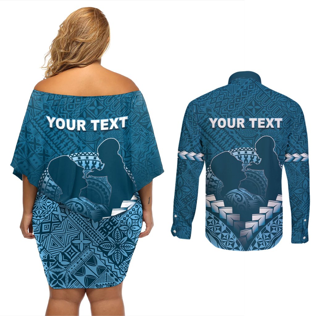 Personalised Fiji Happy Father's Day Couples Matching Off Shoulder Short Dress and Long Sleeve Button Shirt Au Lomani Iko Dad Polynesian Tribal LT05 - Polynesian Pride