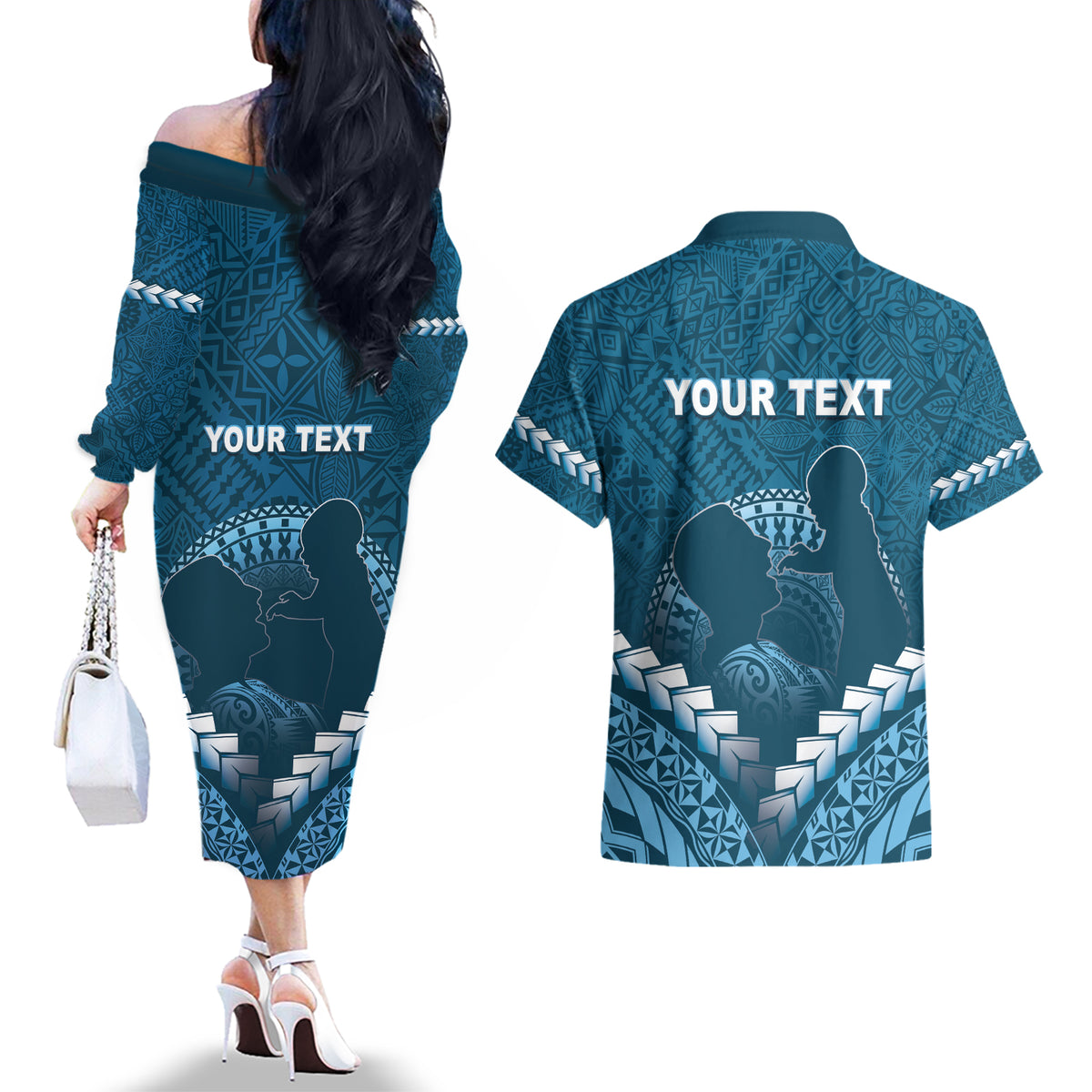 Personalised Fiji Happy Father's Day Couples Matching Off The Shoulder Long Sleeve Dress and Hawaiian Shirt Au Lomani Iko Dad Polynesian Tribal LT05 - Polynesian Pride